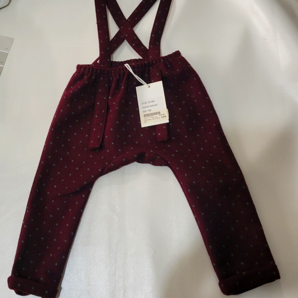 NWT  size 12 months eggplant and grey overall pants (feels like wool)
